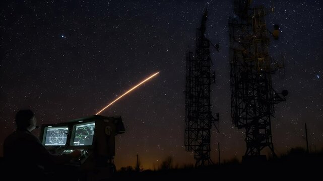 Night sky meteor trail and antenna towers