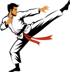  Vector silhouette of a martial artist performing a karate kick with white background. © Sharea