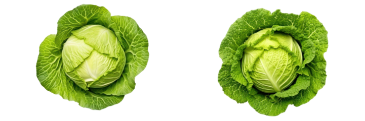 Top View Of Two Green Cabbage Heads Isolated Against A Transparent Background Showcasing Vibrant Green Tones And Detailed Leaf Structures Perfect For Culinary And Botanical Purposes