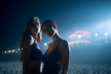 Low-angle nighttime swimwear fashion at neon-lit beach bar under stars