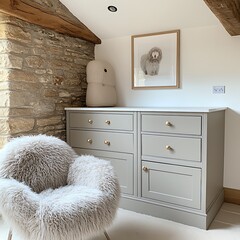 Stylish country interior featuring a gray dresser and fluffy chair against a stone wall