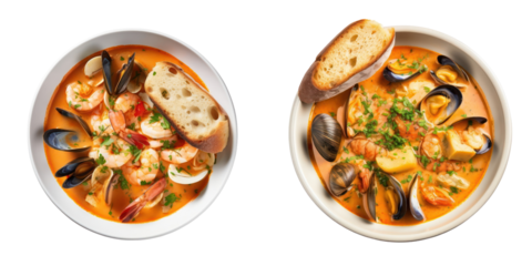 Two Bowls of Bouillabaisse Seafood Soup with Rouille Sauce Garnished with Fresh Herbs and Served with Toasted Bread on White Background