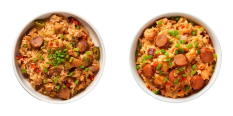 Two Bowls of Jambalaya Cajun Cuisine with Shrimp and Sausage on White Background Overhead View