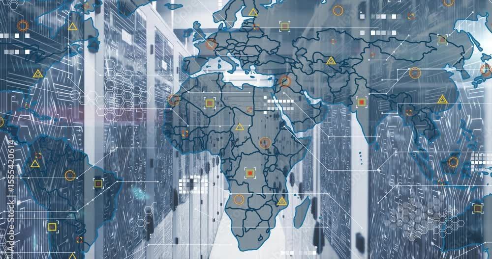 Poster opening server hall causing world map fading in icons appearing visualizing global network