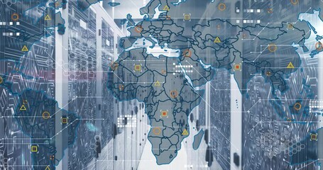 Opening server hall causing world map fading in icons appearing visualizing global network - Powered by Adobe