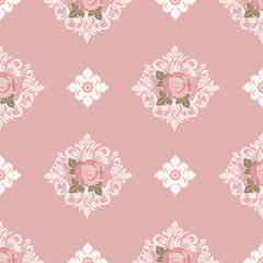 Seamless vector pattern of romantic roses over lace background in soft pink tone for wallpaper, fabric, and tiles