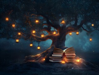 mystical tree glowing lanterns, dark forest, night scene, person reading