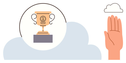 Trophy with 1 emblem on pedestal inside cloud paired with raised hand. Ideal for success, goals, dreams, motivation, recognition, achievement, leadership. Simple flat metaphor