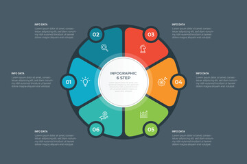 Pie Chart Glassmorphism Infographic Template With 6 Options, Steps, Parts, Segments. Vector Illustration For Business Financial Report