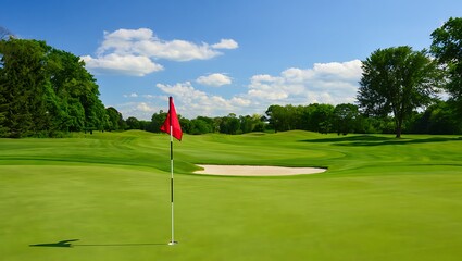 Obraz premium Stunning Golf Course Green with Red Flag, Lush Fairway, and Sandy Bunker under a Sunny Sky