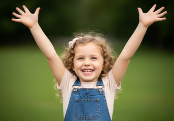 happy little girl expressing excitement with hands up in the air