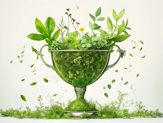 trophy with greenery golden trophy filled with lush green plants, falling leaves, green background