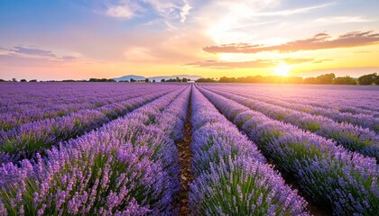 Obraz premium Breathtaking lavender field at sunset, a tranquil landscape of purple blooms under the golden sky