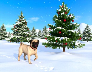 Pug dog in snowy Christmas forest