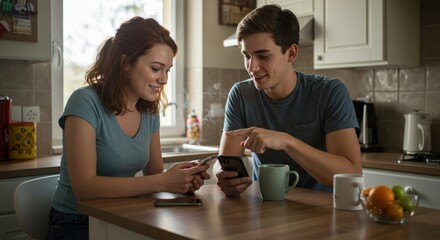 Young couple using smartphones in kitchen