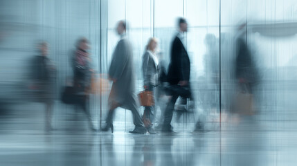 Business professionals walking through a modern office building with glass walls, captured with long exposure motion blur — generative AI