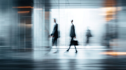 Business professionals walking through a modern office building with glass walls, captured with long exposure motion blur — generative AI