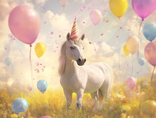white unicorn, colorful balloons, confetti, grassy field, sunny sky