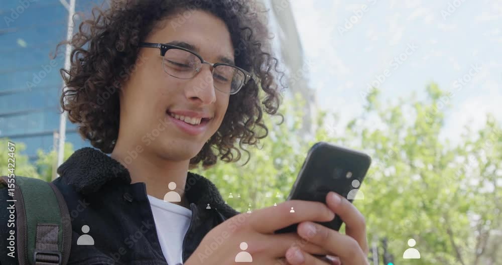 Poster man tapping phone on city sidewalk and causing social media icons floating while reading alerts