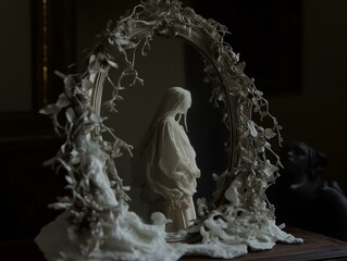 a mysterious white veiled figure looking into an ornate oval mirror framed by gnarled, leafless branches