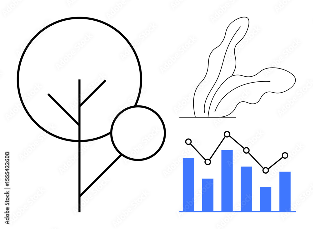 Poster line art tree alongside abstract plant shapes and a blue bar graph with a line chart overlay. ideal 