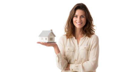 A smiling woman holds a miniature house, embodying real estate and home ownership concepts.