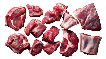 Obraz premium Assorted raw meat cuts on a white isolated background.