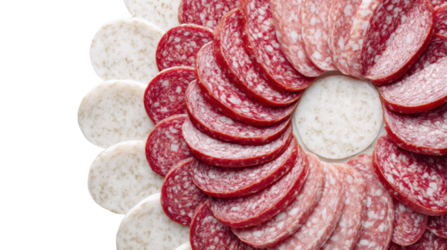 Assorted sliced meats arranged in a circular pattern on a white background.
