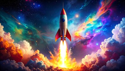 Rocket launching into vibrant cosmos
