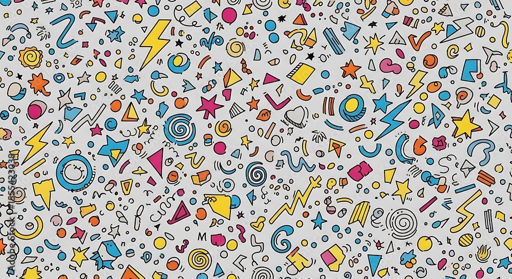 Poster an abstract pattern featuring various colorful shapes and symbols scattered across a light backgroun