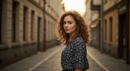 Fototapeta premium Young woman in city alleyway