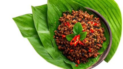 Delicious spicy minced meat dish with herbs served on fresh green leaves, white isolated background.