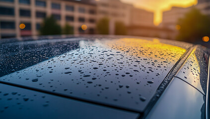 A close-up view of a rooftop adorned with sparkling water droplets against the backdrop of nearby buildings bathed in warm sunset light, capturing a tranquil urban atmosphere.
