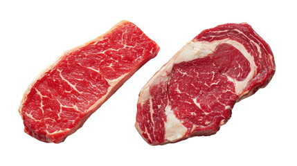 Fototapeta premium Fresh cuts of marbled beef steak, ideal for grilling, with rich texture and color, white isolated background.