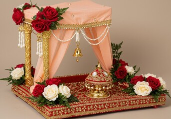 Decorated wedding tray with roses and golden embellishments