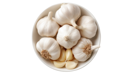 Fresh garlic bulbs and cloves in a white bowl on a white background, perfect for culinary use.
