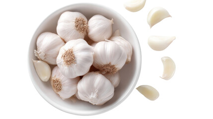 Fototapeta premium Fresh garlic bulbs and cloves in a white bowl on a white background.