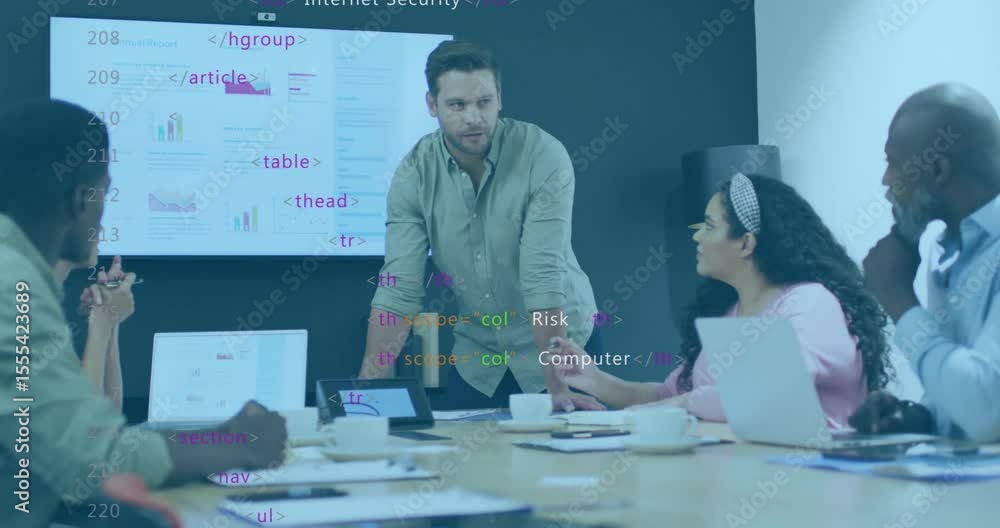 Poster presenter clicking remote and briefing team with animated security code overlay defining risk table