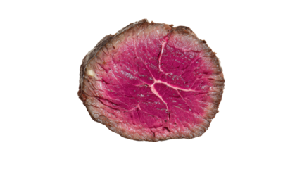 Freshly cut beef slice with rich pink color, isolated on white background.