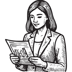 Black-and-white sketch of businesswoman holding documents, paperwork task