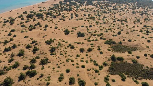 An aerial drone shot captures the vast, arid landscape of Corfu Island, Greece, featuring sandy dunes dotted with sparse green bushes.