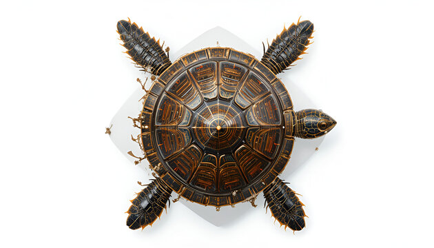 Graceful turtle showcases its textured brown shell and flippers against a clean, bright backdrop, ideal for nature themes.