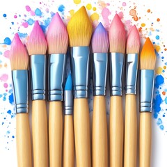 Fototapeta premium Colorful paintbrushes with wooden handles and vibrant watercolor splatter background