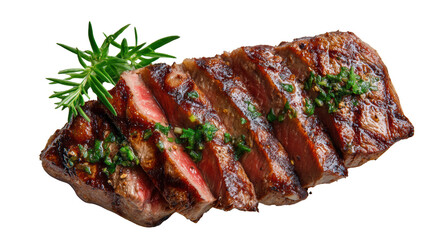 Grilled steak with seasoning and herbs on a white isolate background.