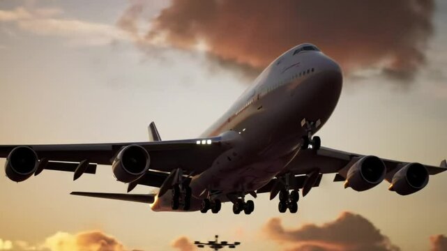 Powerful Low-Angle Shot of a Boeing 747 Taking Off at Sunset