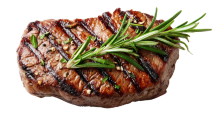 Juicy grilled steak garnished with fresh rosemary, isolated on white.