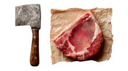 Meat cleaver and raw steak on parchment paper, isolated on white background for culinary themes.