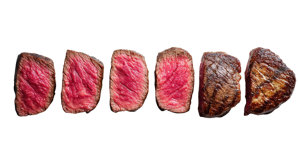 Sliced steak on a white isolated background showing different levels of doneness.