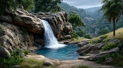 Fototapeta premium A cliffside waterfall pouring into a deep pool surrounded by dense jungle. 
