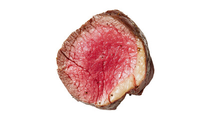Tender slice of medium-rare beef on white isolated background, showcasing its juicy interior.
